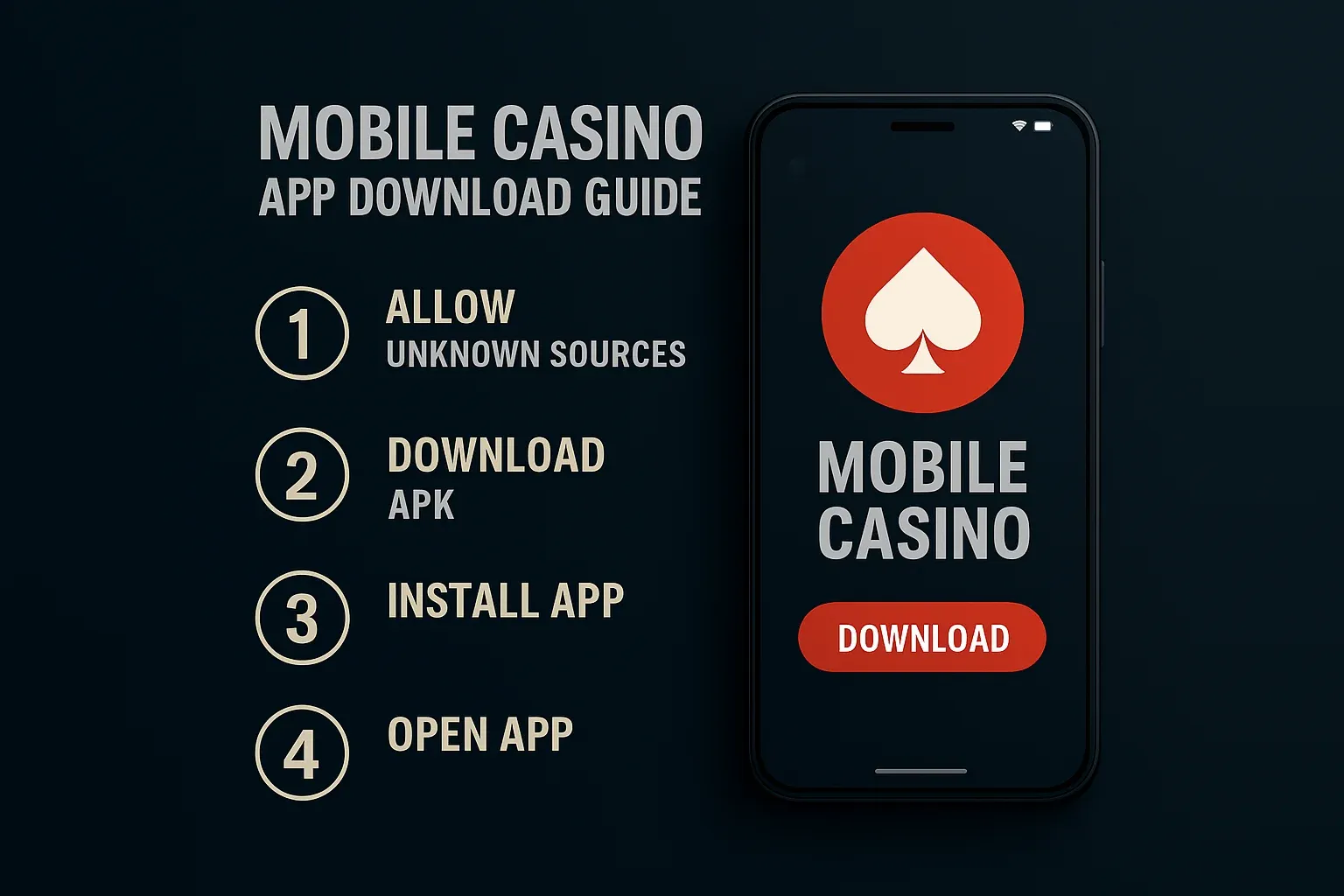 Clean modern infographic showing mobile casino app APK installation steps on Android