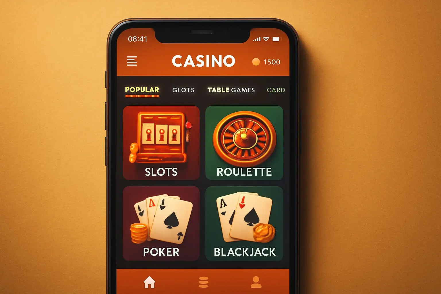 Android smartphone mockup showing casino mobile app game lobby interface