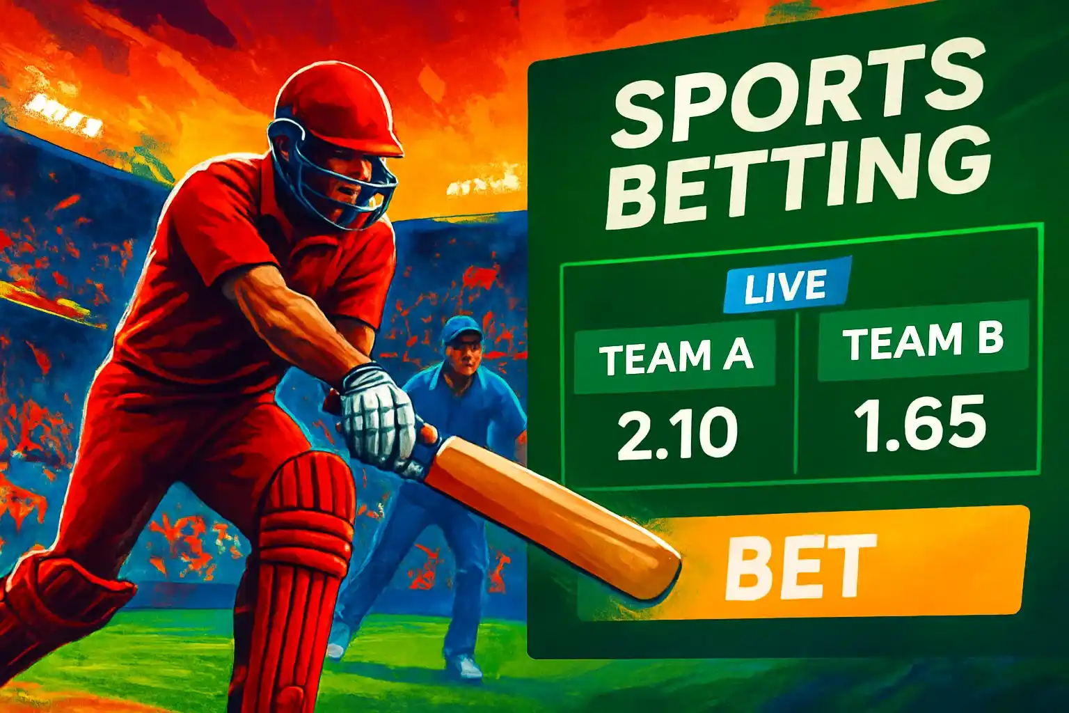 Sports betting banner with cricket action, stadium crowd, and interface overlay