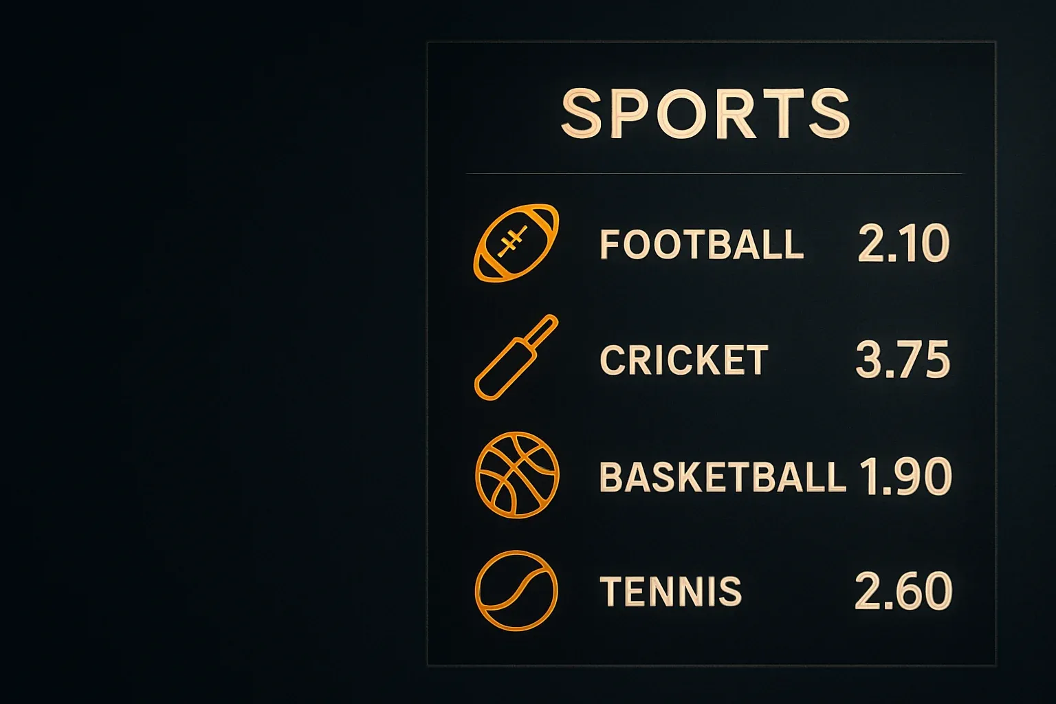 Sports betting markets display with football cricket basketball tennis icons and odds