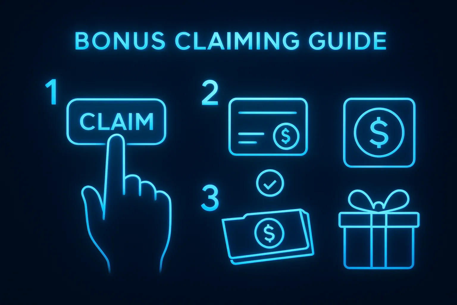 Modern infographic showing numbered steps 1 to 4 for claiming bonuses