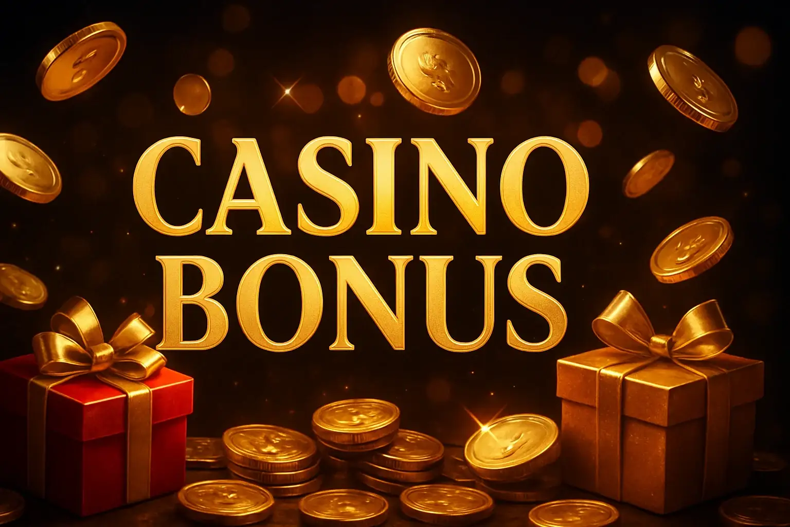 Casino bonus banner with golden coins, gift boxes, and sparkle effects
