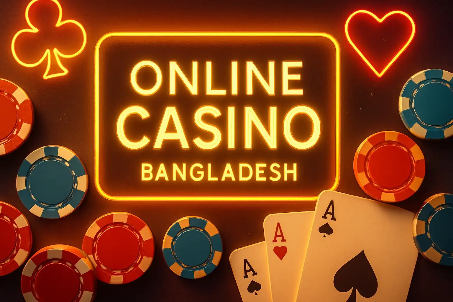 Luxury online casino hero banner with neon lights, chips and cards