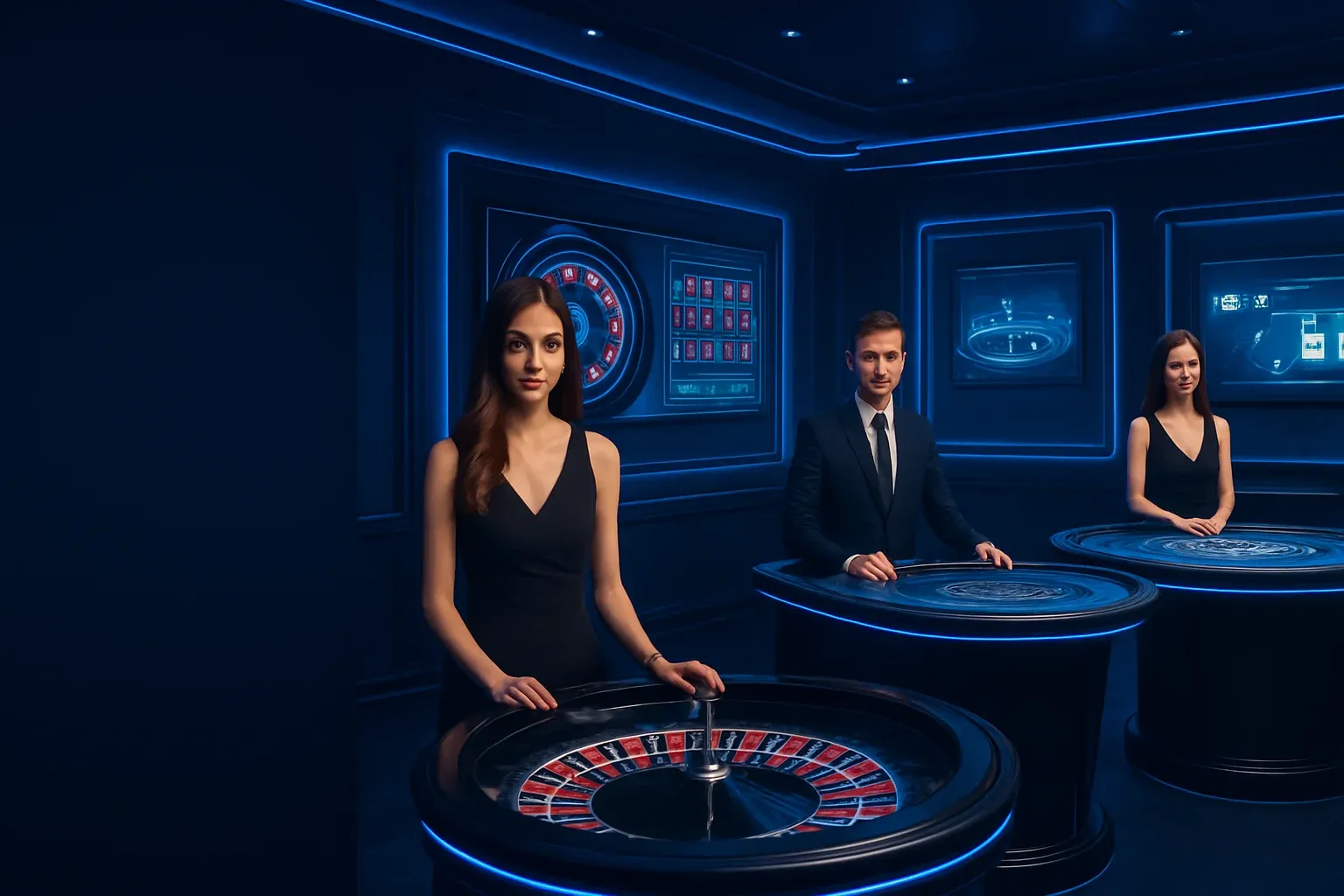 Elegant live casino studio with dealers and roulette blackjack screens