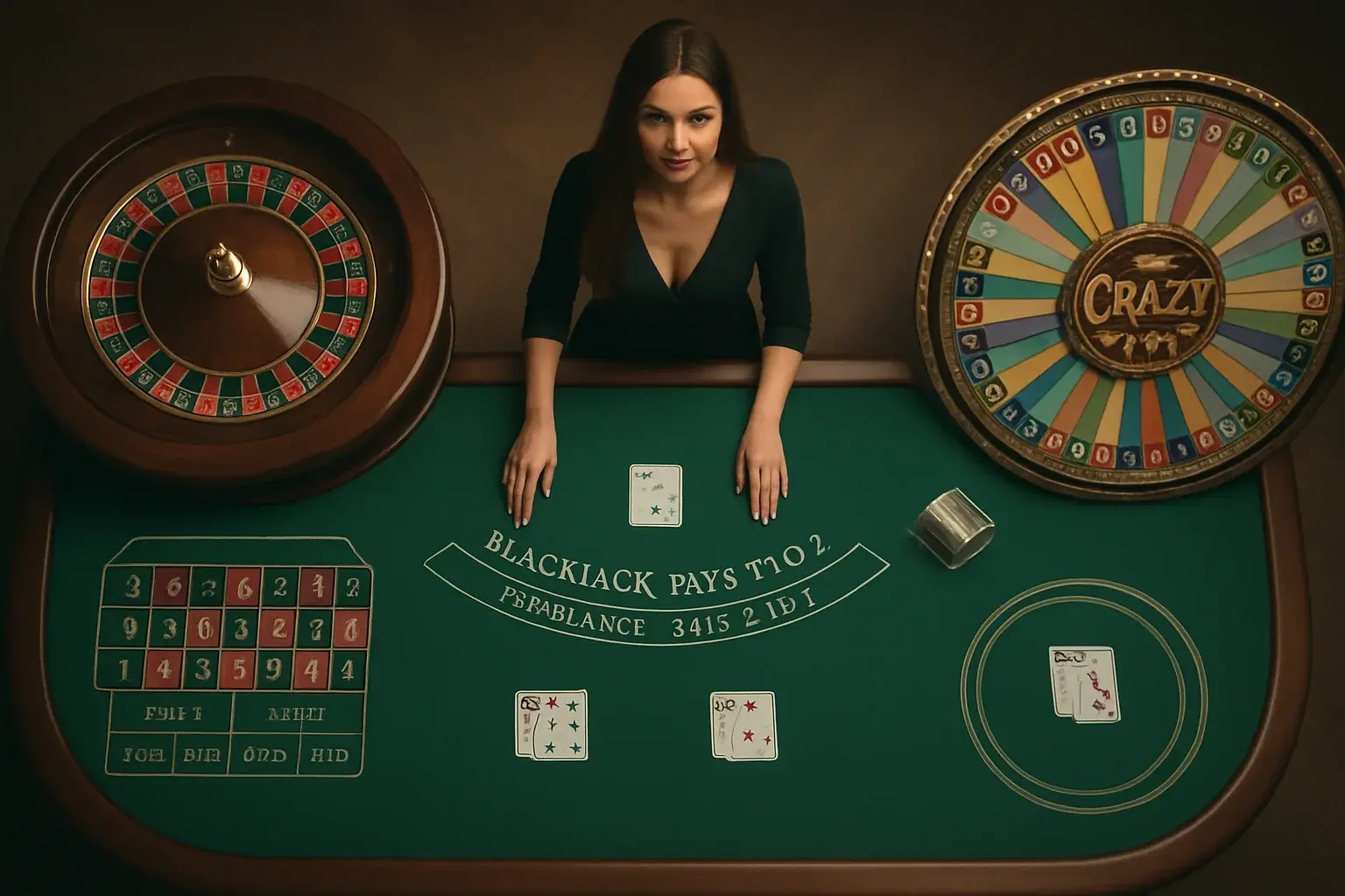 Live casino game cards with roulette, blackjack, Crazy Time, and dealer