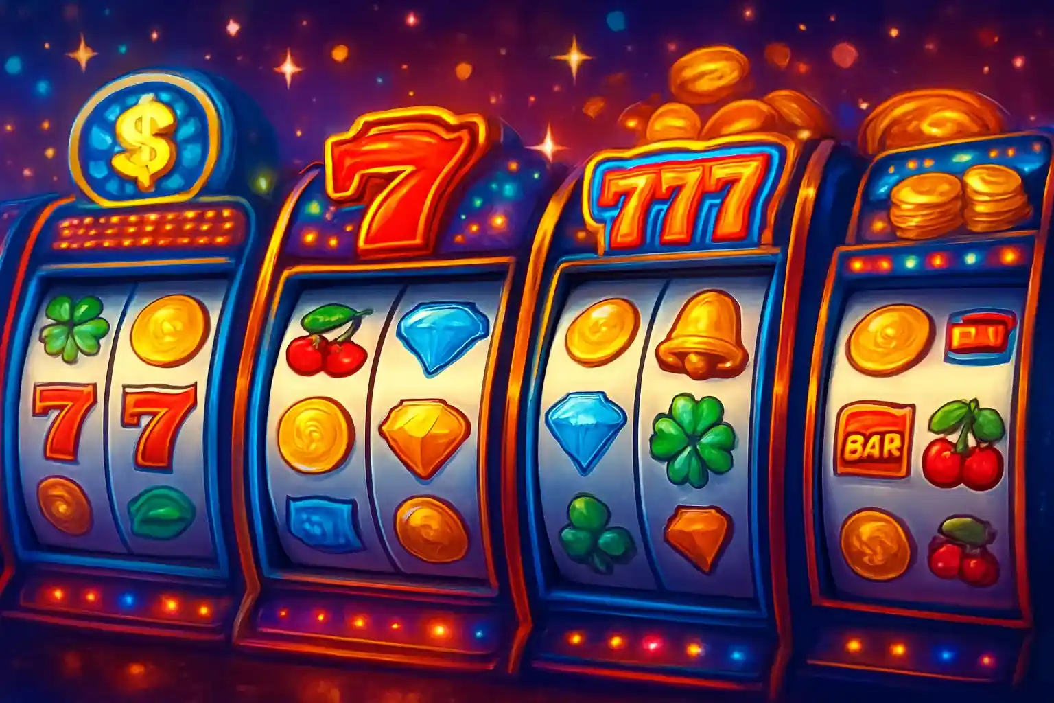 Colorful casino slot machines collage with coins, diamonds, 7s and sparkle effects