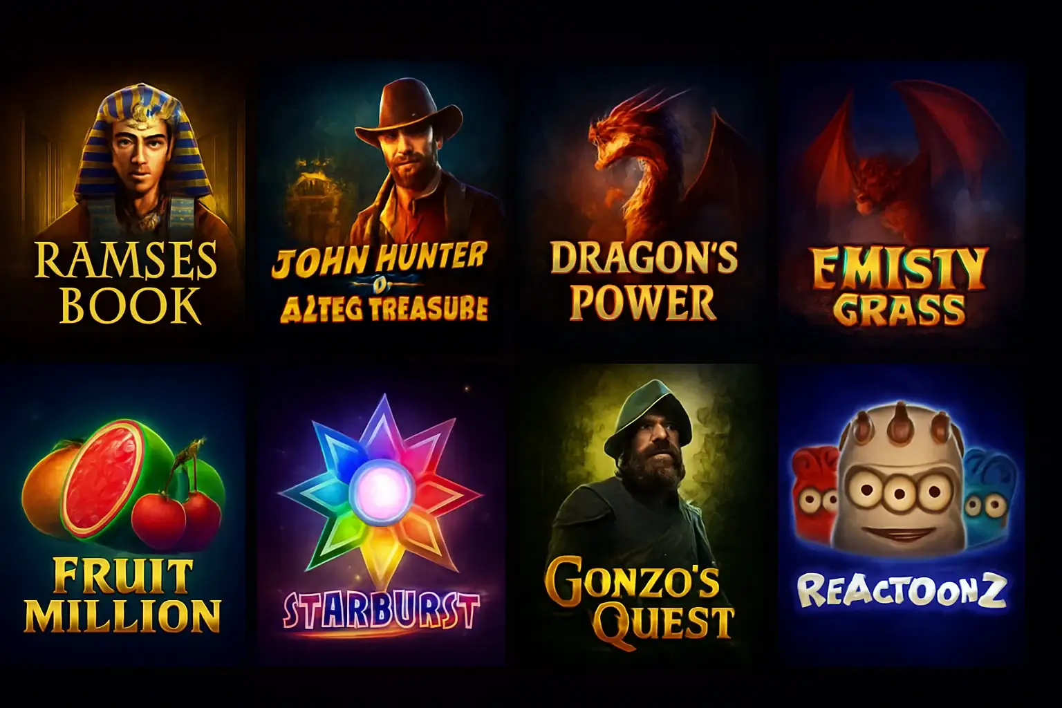 Grid of popular slot game thumbnails with Egypt, fantasy, fruit, sci-fi themes